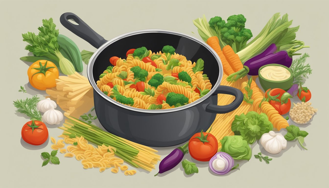 A colorful array of fresh vegetables and herbs surround a steaming pot of rotini pasta, as a chef skillfully tosses the leftovers in a flavorful sauce