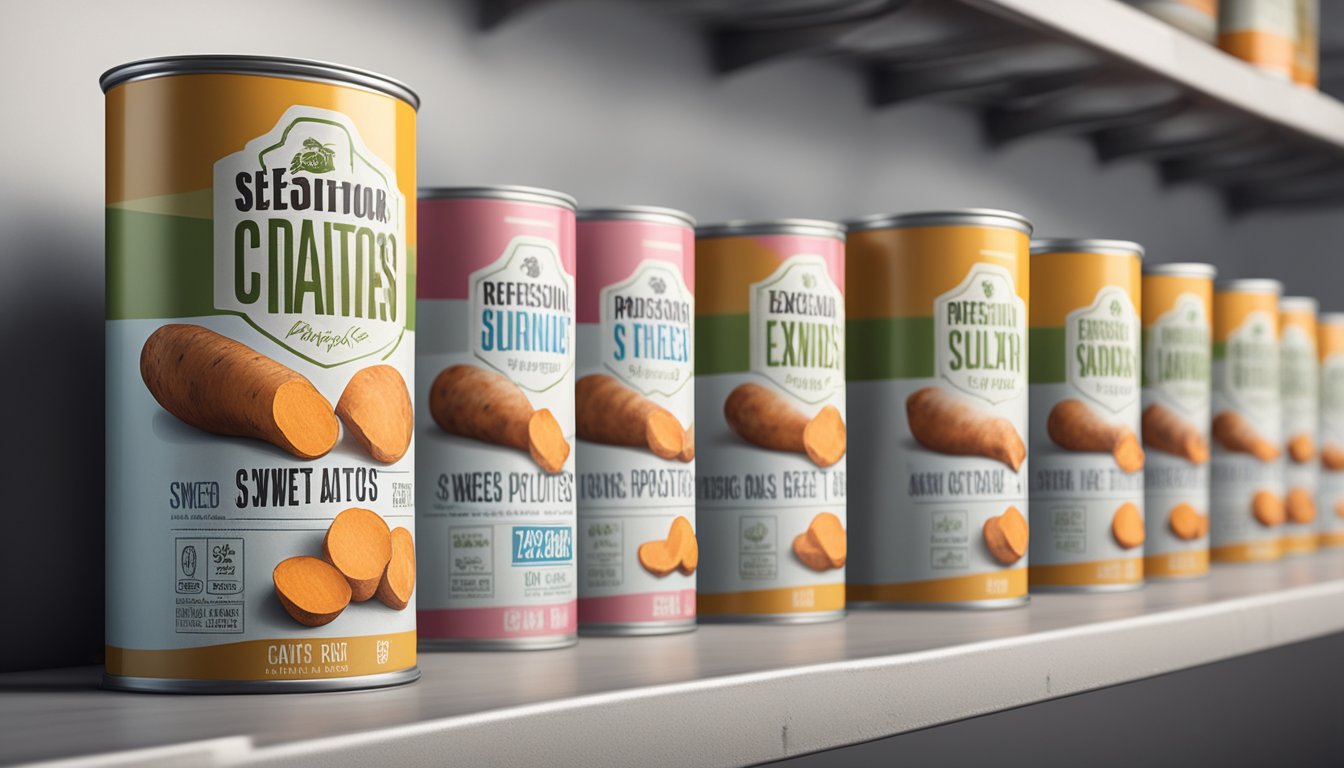 A row of canned sweet potatoes on a dusty shelf, with expiration dates printed on the labels