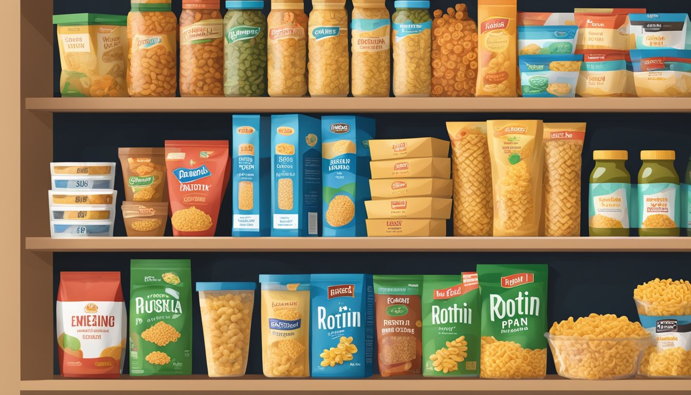 A pantry shelf with a box of rotini pasta, surrounded by various expiration dates on food packaging