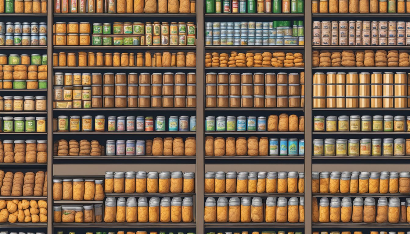 A pantry shelf with neatly stacked canned sweet potatoes, expiration dates clearly visible