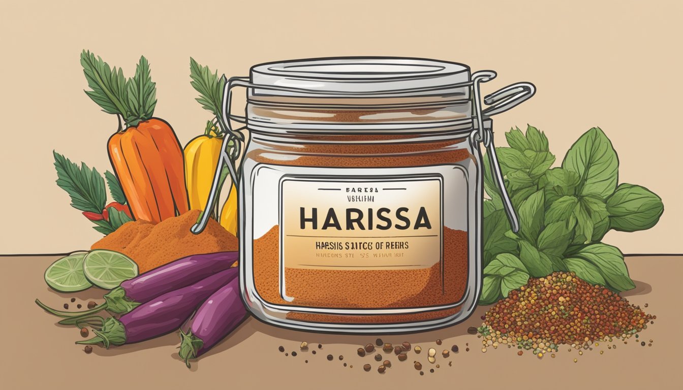 A jar of harissa sits open on a kitchen counter, surrounded by colorful spices and herbs. The label is worn, suggesting frequent use