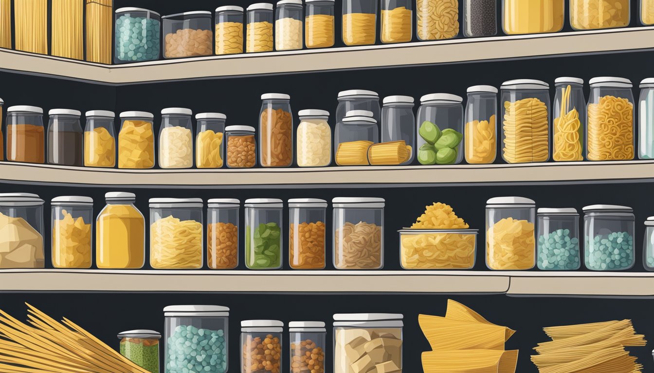 A pantry shelf with various pasta shapes in disorganized containers and bags, some showing signs of spoilage