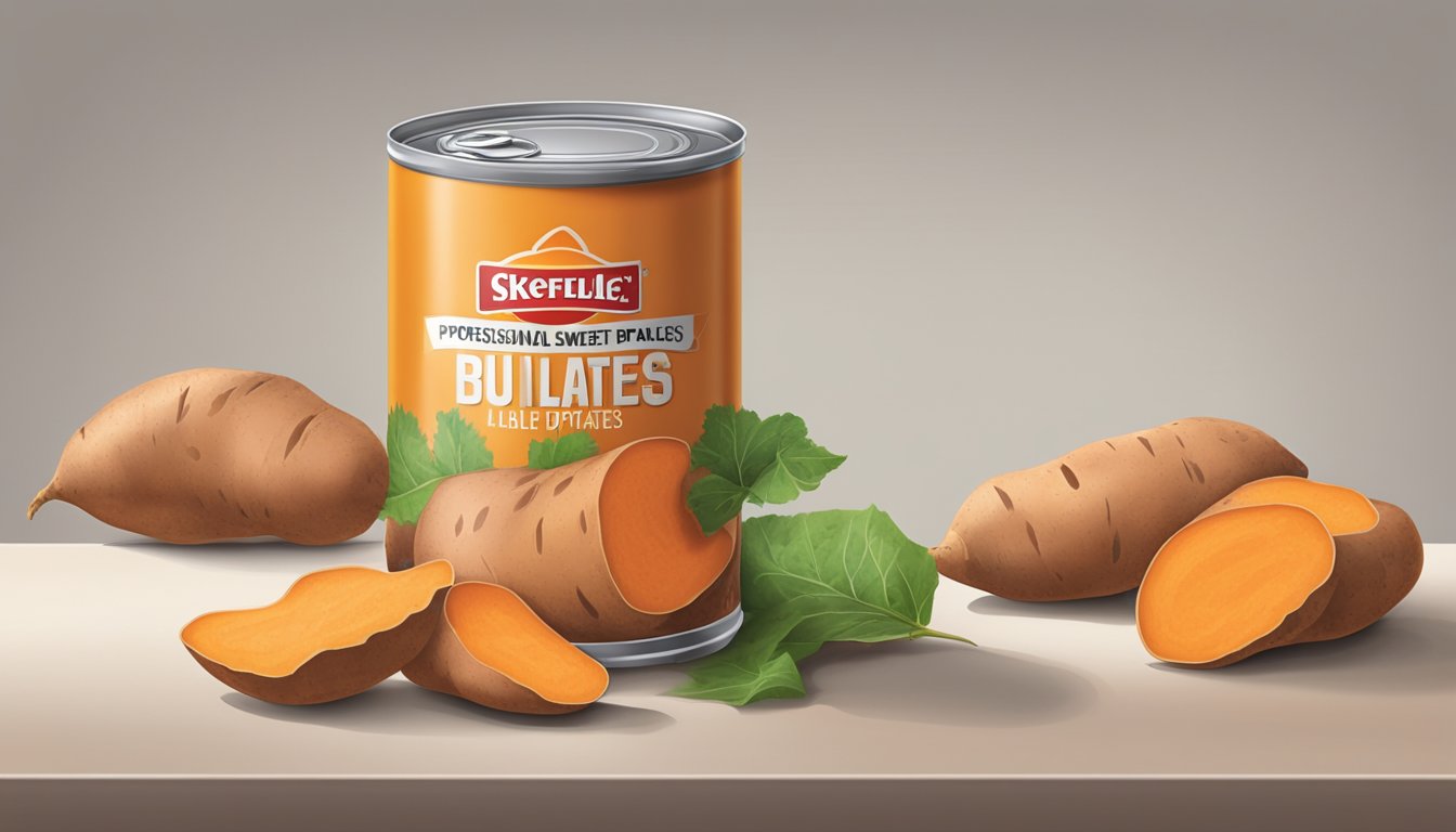 A can of sweet potatoes with visible signs of spoilage, such as bulging or leaking, placed on a kitchen counter