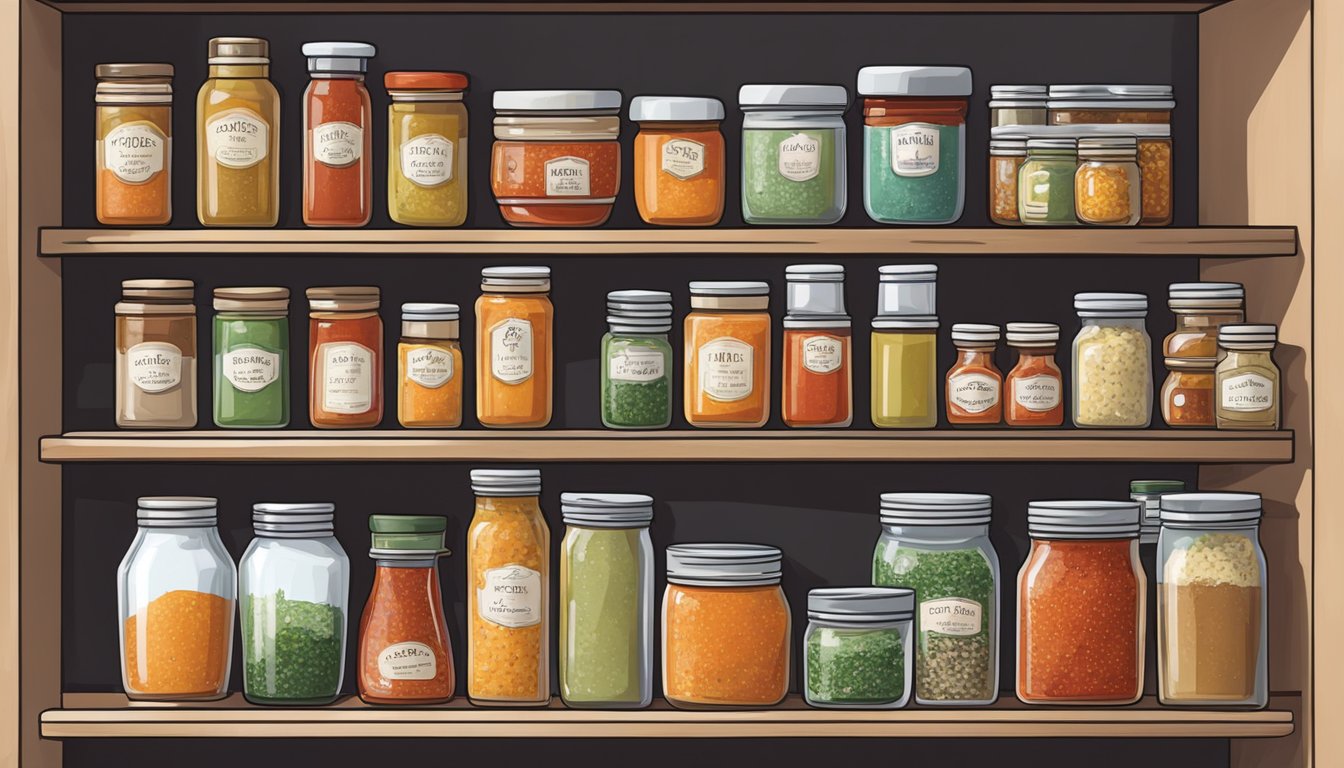 A jar of harissa sits on a shelf next to other condiments in a cool, dry pantry