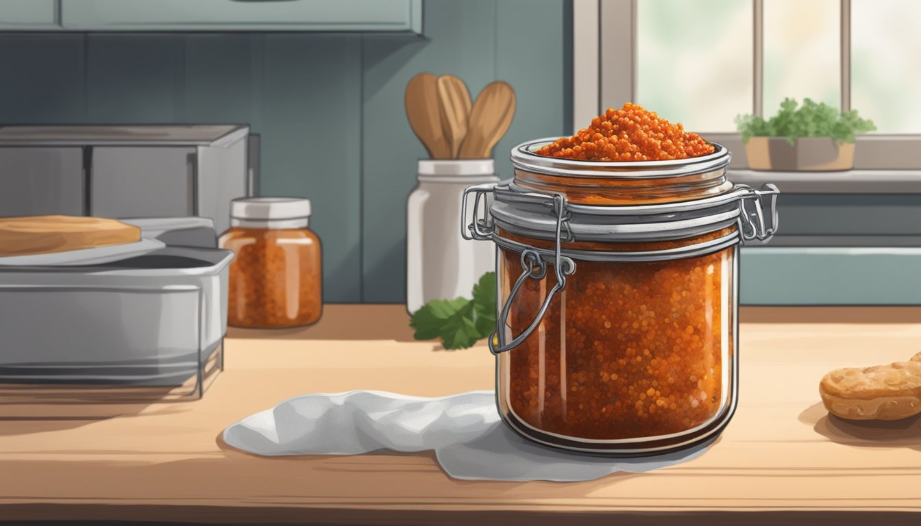 A jar of harissa with mold spots, emitting a foul odor, sits on a kitchen counter