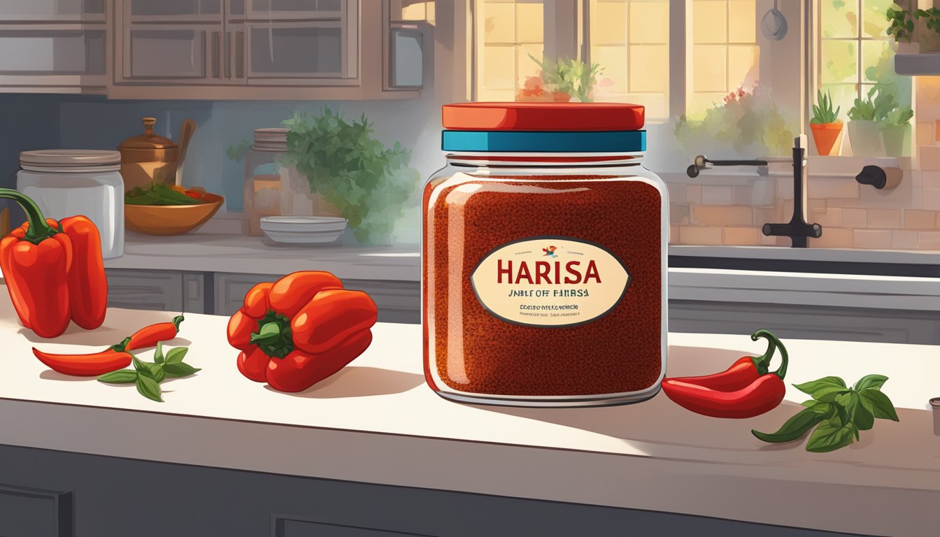 A jar of Harissa sits on a kitchen counter, surrounded by vibrant red peppers and aromatic spices. A ray of sunlight highlights the label, while a hand reaches for the jar