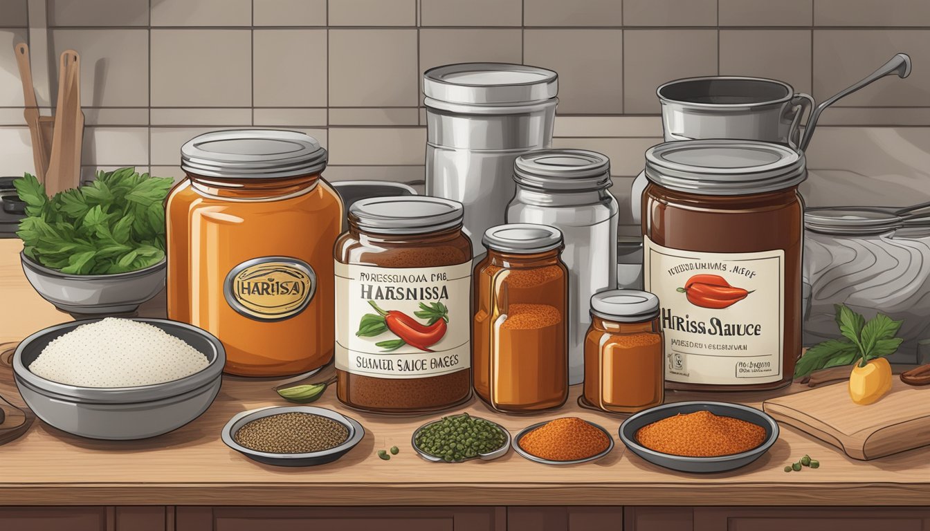 A jar of harissa sauce sits opened on a kitchen counter, surrounded by various spices and cooking utensils