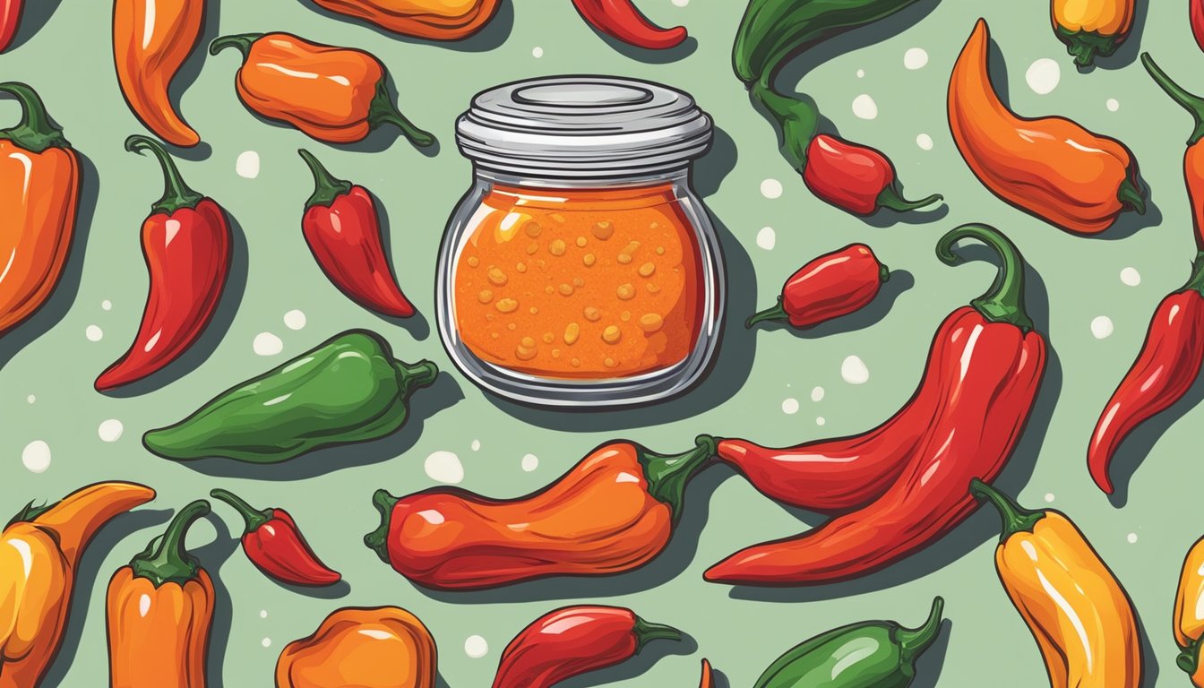 A jar of harissa surrounded by various hot peppers and a thermometer to illustrate heat levels