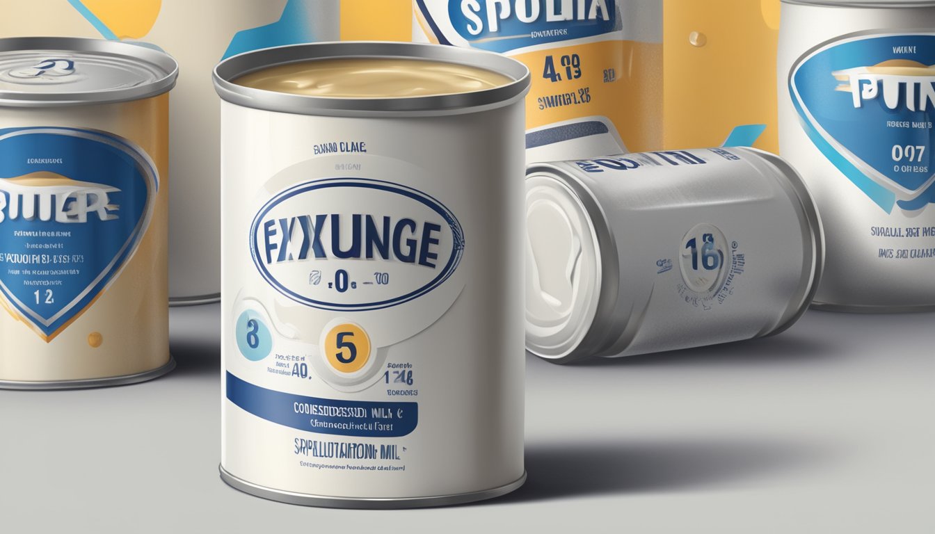 A can of condensed milk with a clearly labeled expiration date, surrounded by visual indicators of spoilage such as bulging or rust