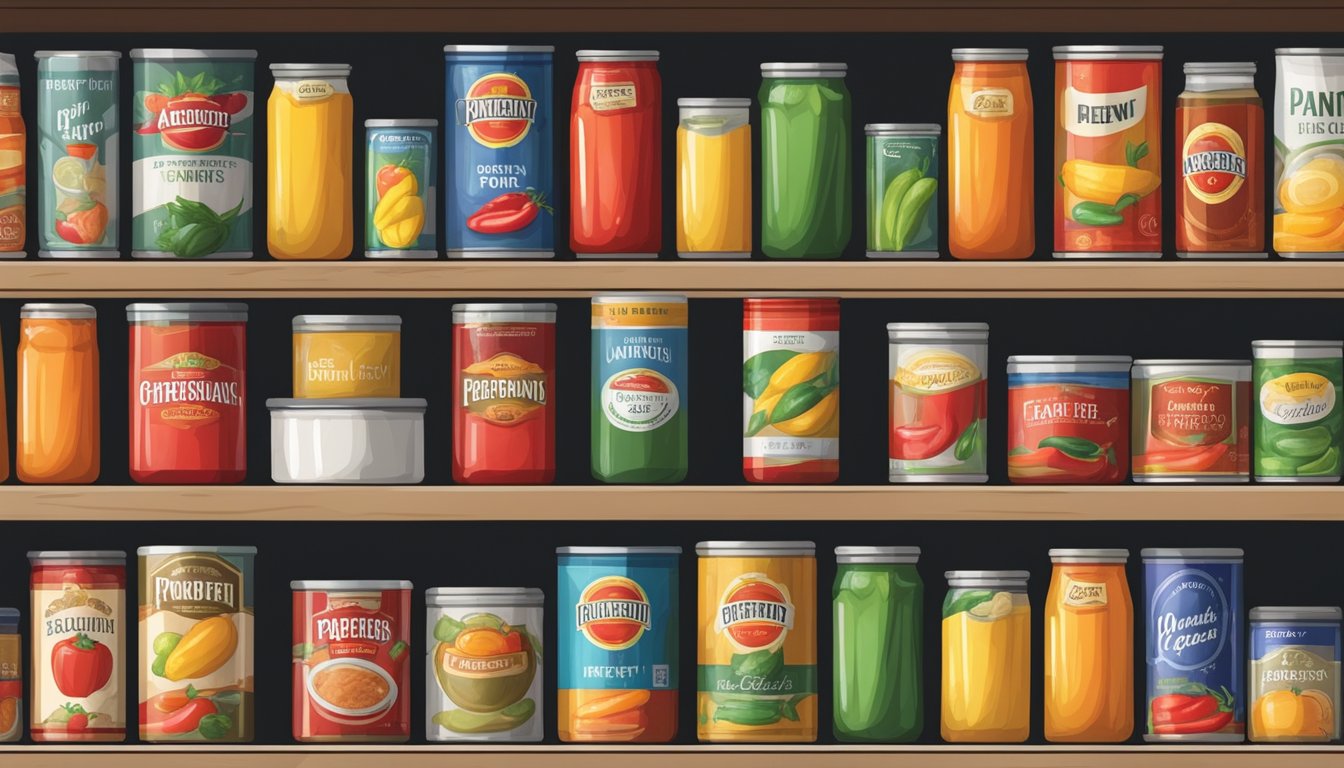 A pantry shelf with various cans of peppers, some dusty and faded, others shiny and new