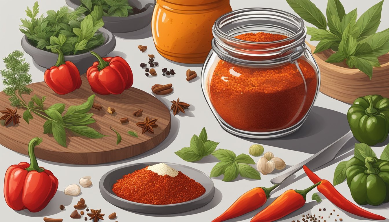 A jar of harissa sits next to a fresh red pepper, both surrounded by a variety of spices and herbs on a wooden cutting board