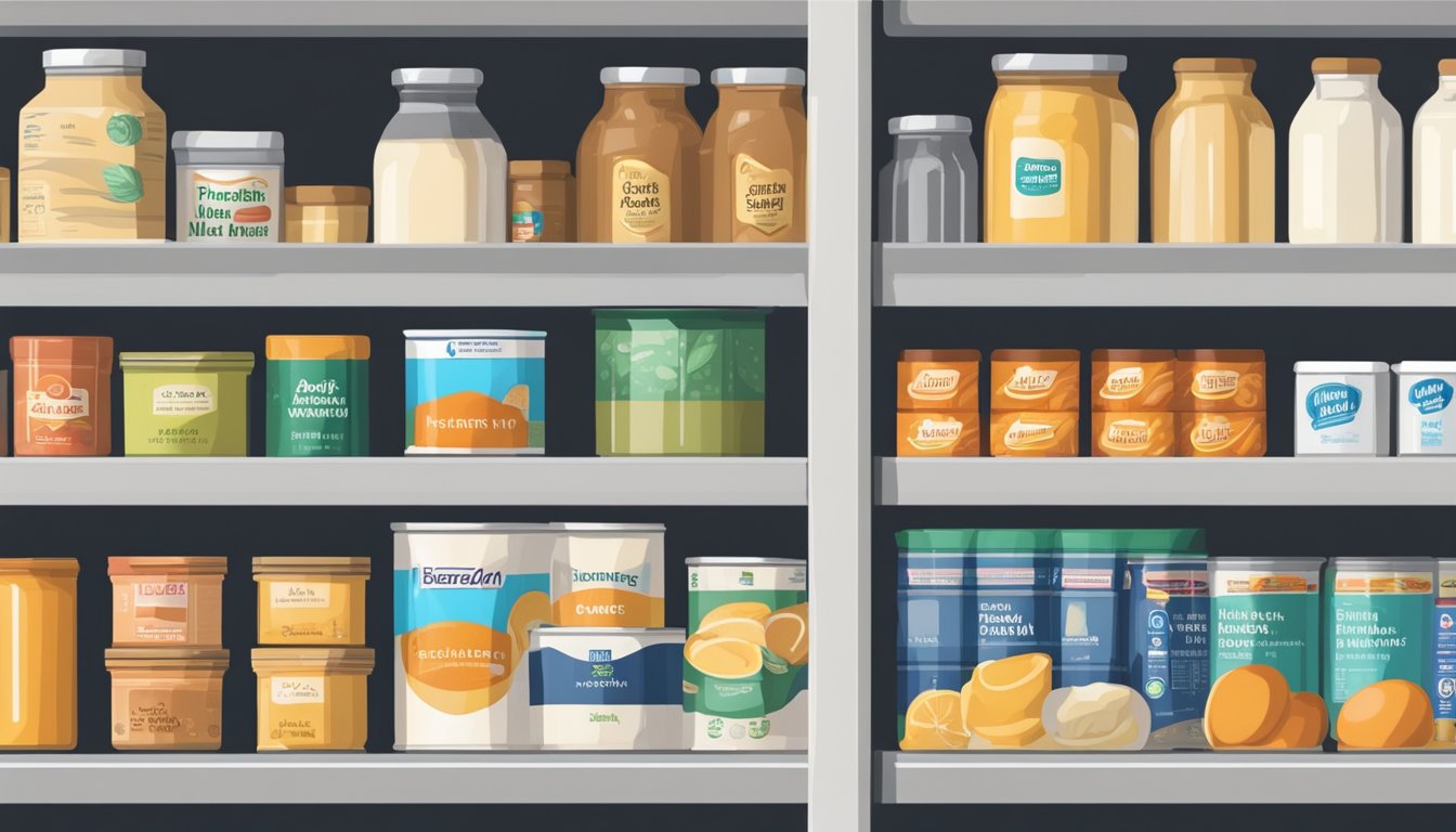 A pantry shelf with a can of condensed milk next to other canned goods, all neatly organized