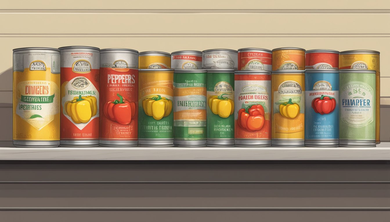 A row of canned peppers on a shelf, some with faded labels, others dented or bulging. A few have a layer of dust, indicating they have been there for a while