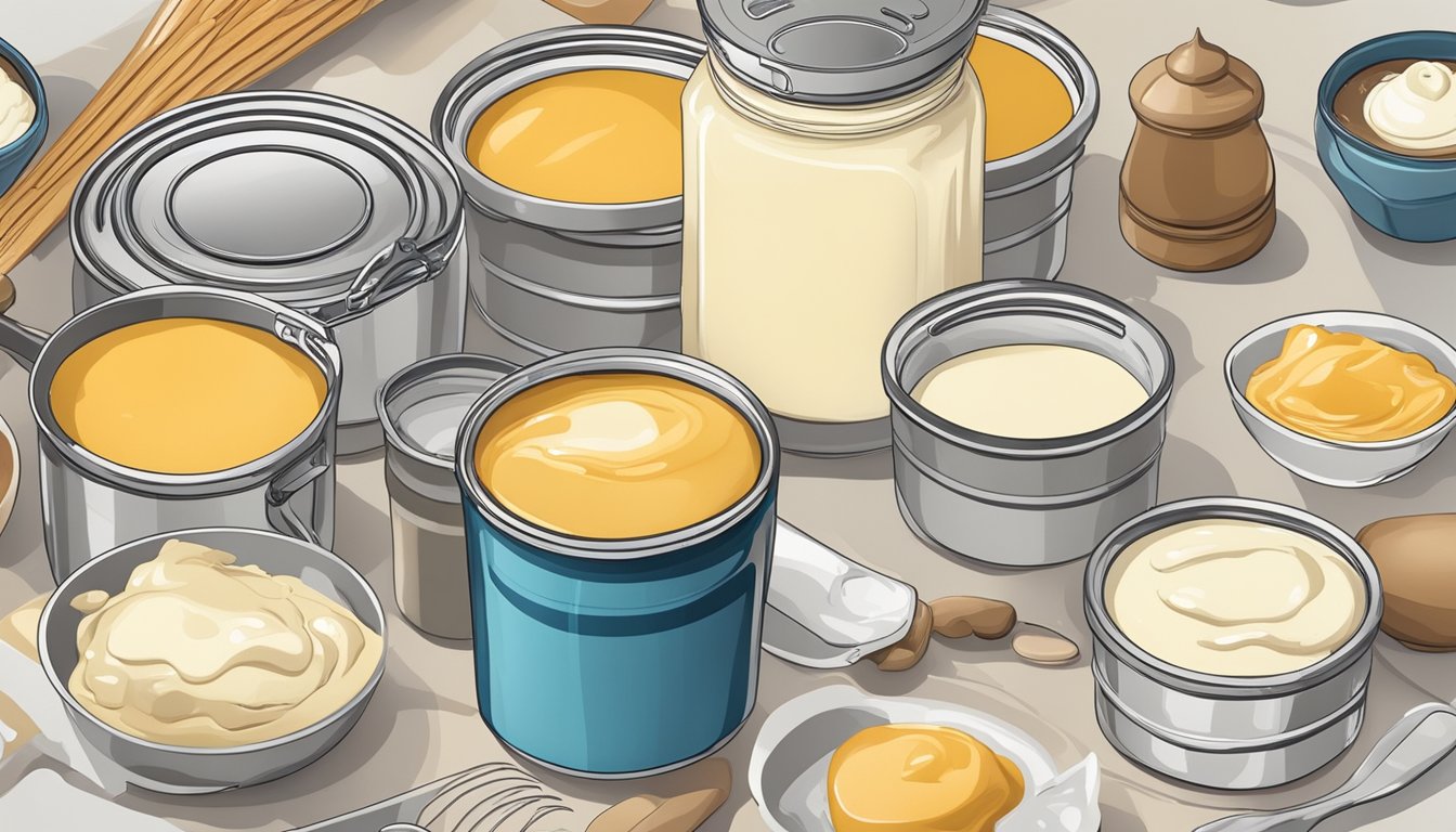 A can of condensed milk sits on a cluttered kitchen counter, surrounded by baking ingredients and utensils