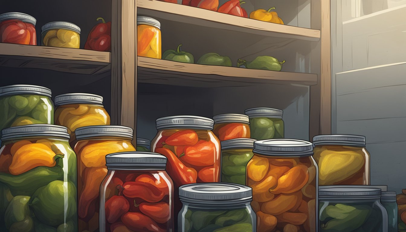 A pile of expired and moldy canned peppers sits on a dusty shelf in a dimly lit pantry