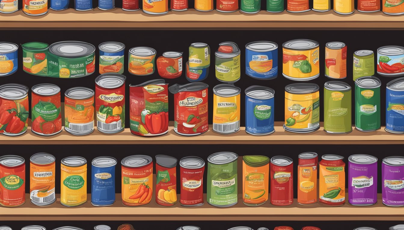 A pantry shelf with various canned peppers, some with expiration dates visible