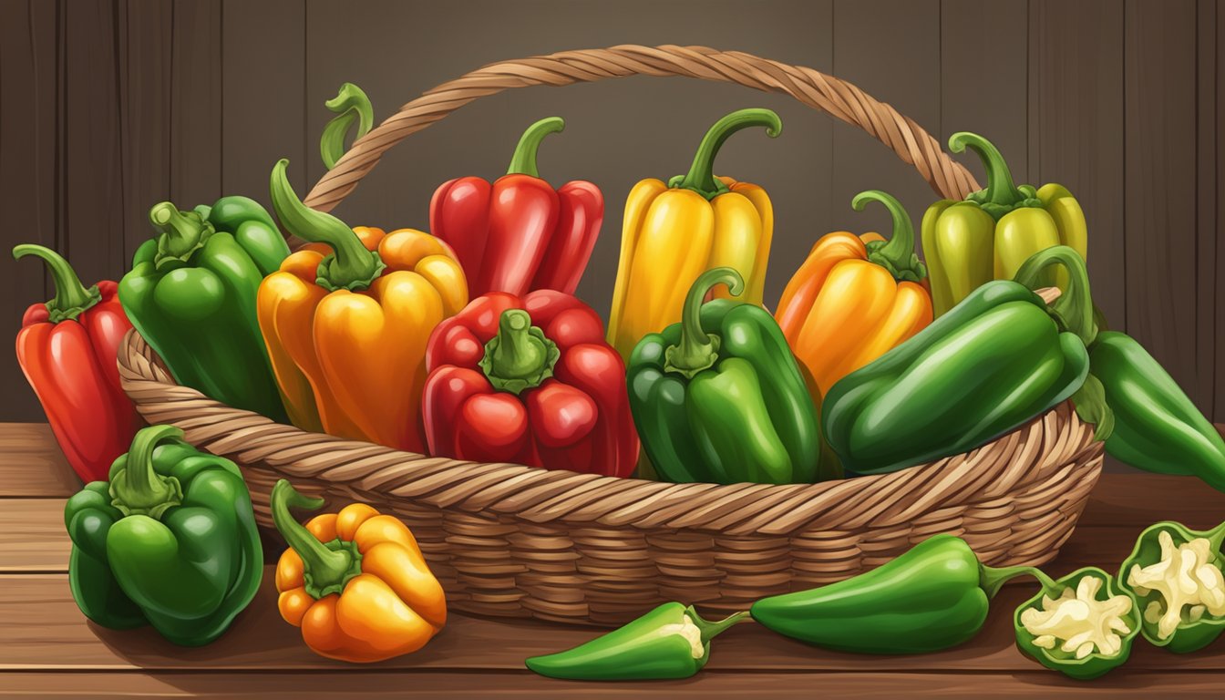 A variety of fresh peppers spilling out of a rustic woven basket onto a wooden tabletop, with some peppers rolling away