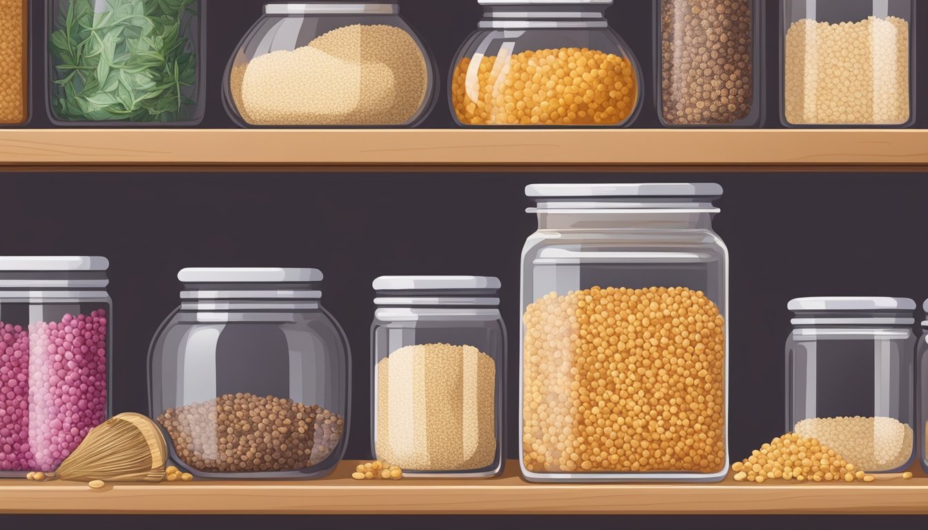 A tightly sealed glass jar of amaranth grains sitting on a pantry shelf, surrounded by other neatly organized dry goods