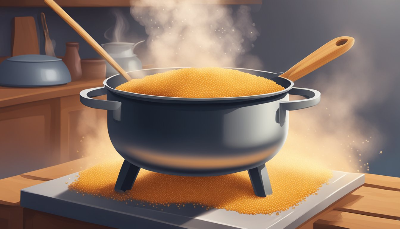 Amaranth grains being cooked in a pot on a stove, with steam rising and a wooden spoon stirring the mixture