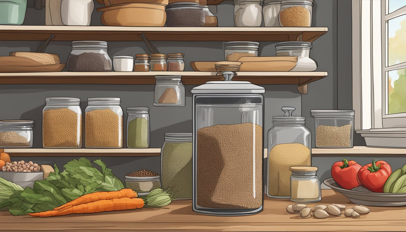 A bag of amaranth seeds sits on a kitchen counter, surrounded by fresh produce and a glass jar of spices. The pantry door is slightly ajar, revealing neatly organized shelves of dry goods