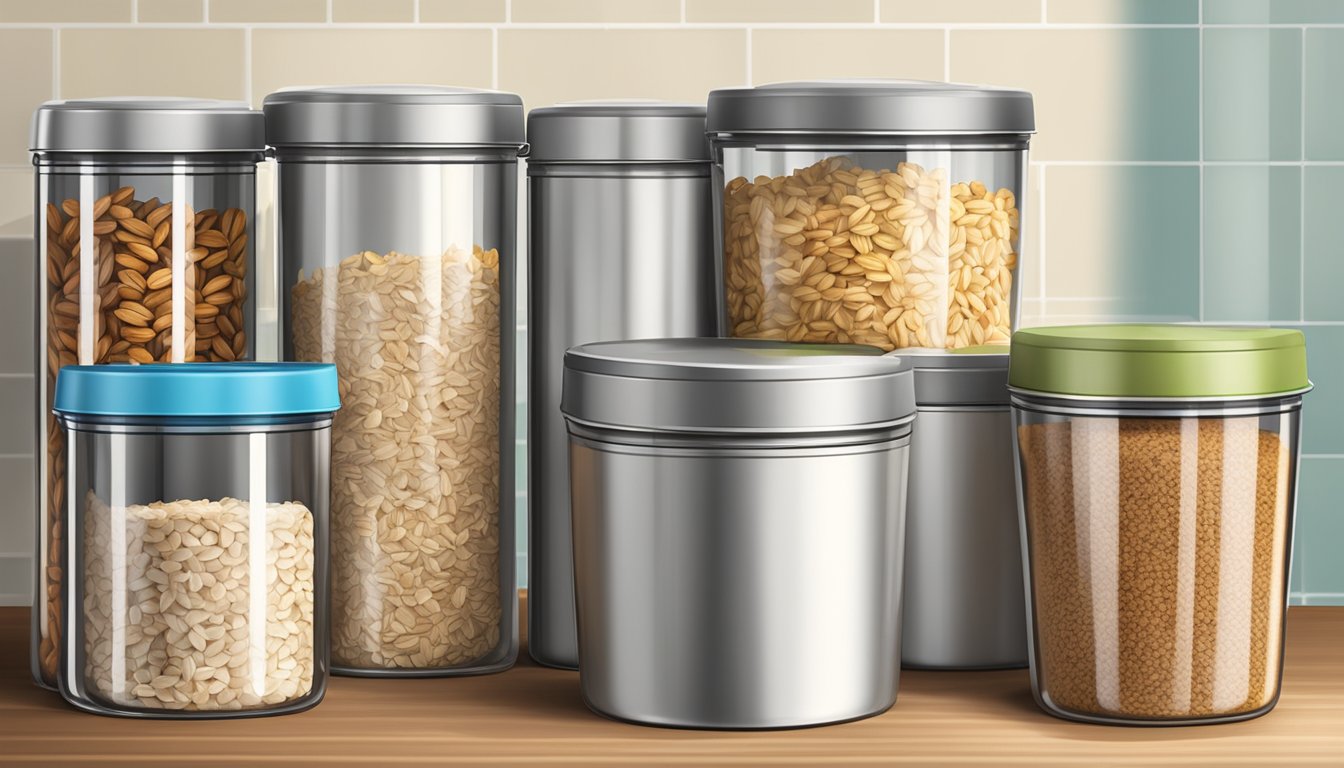 A variety of oatmeal containers, including steel-cut, rolled, and instant, displayed on a kitchen counter