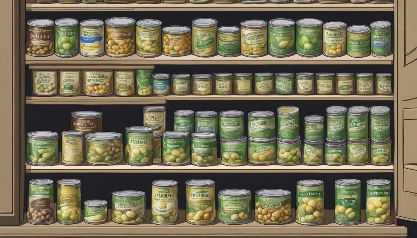 A pantry shelf with neatly organized canned artichokes, some with expiration dates clearly visible