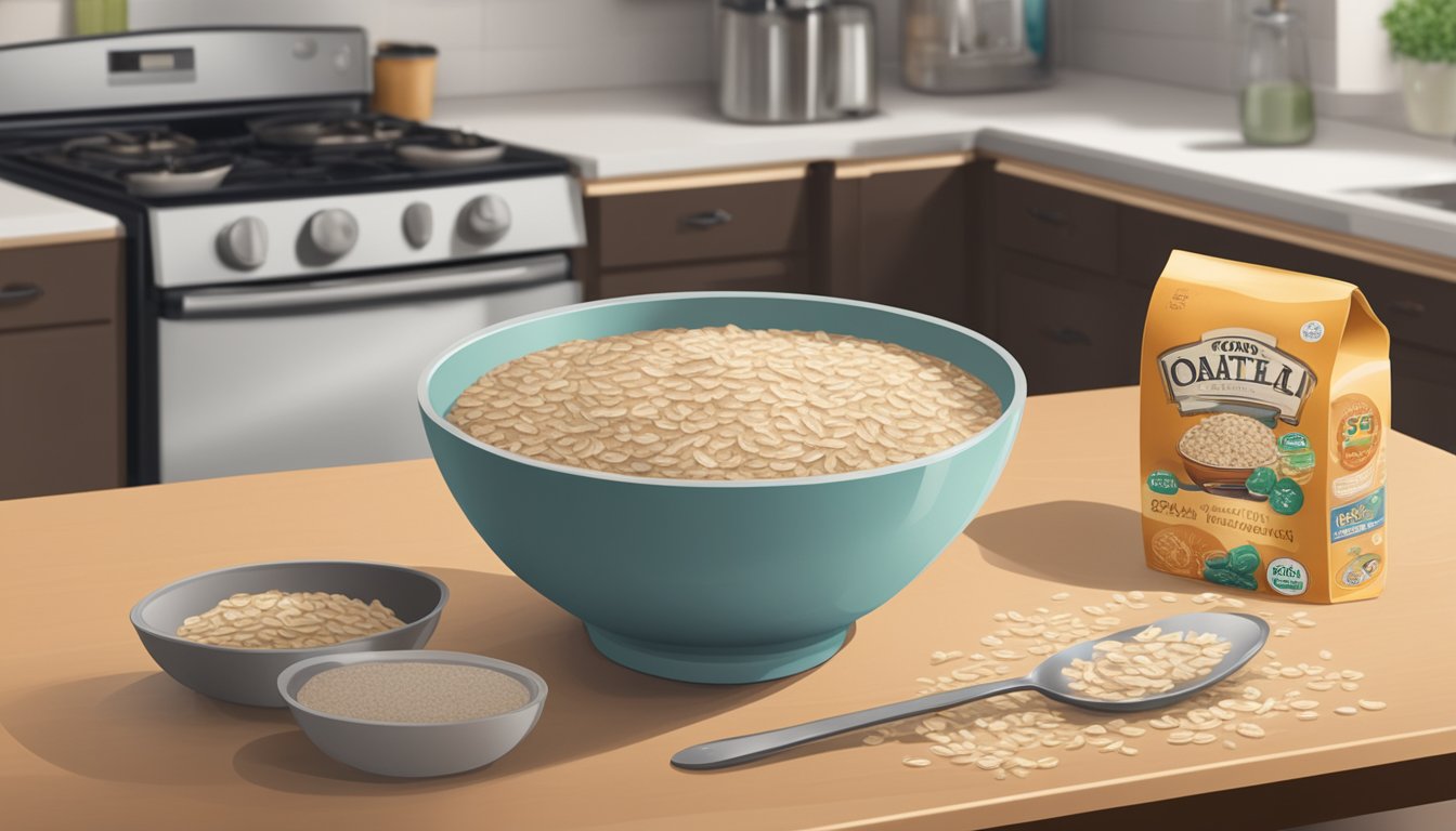 A bowl of oatmeal sits on a kitchen counter, surrounded by various food labels and expiration dates