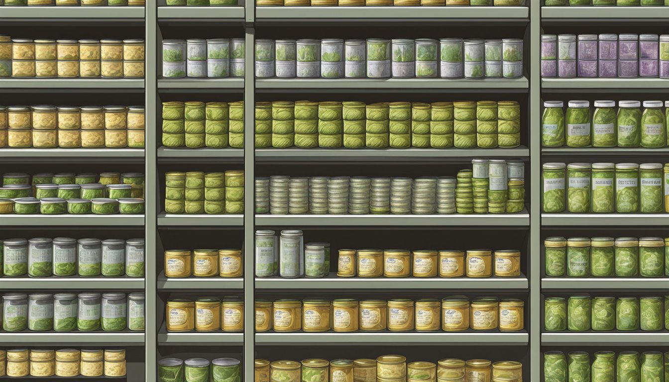 A pantry shelf with neatly organized rows of canned artichokes, each can displaying a label with expiration dates clearly visible