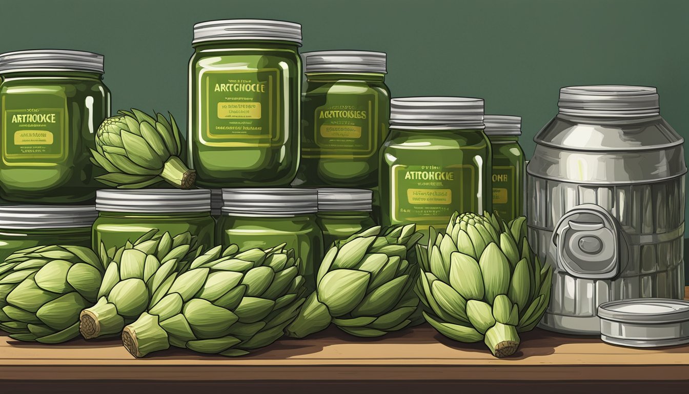 A pile of fresh artichokes sits next to a stack of canned artichoke jars. The fresh artichokes are vibrant and green, while the canned jars show expiration dates