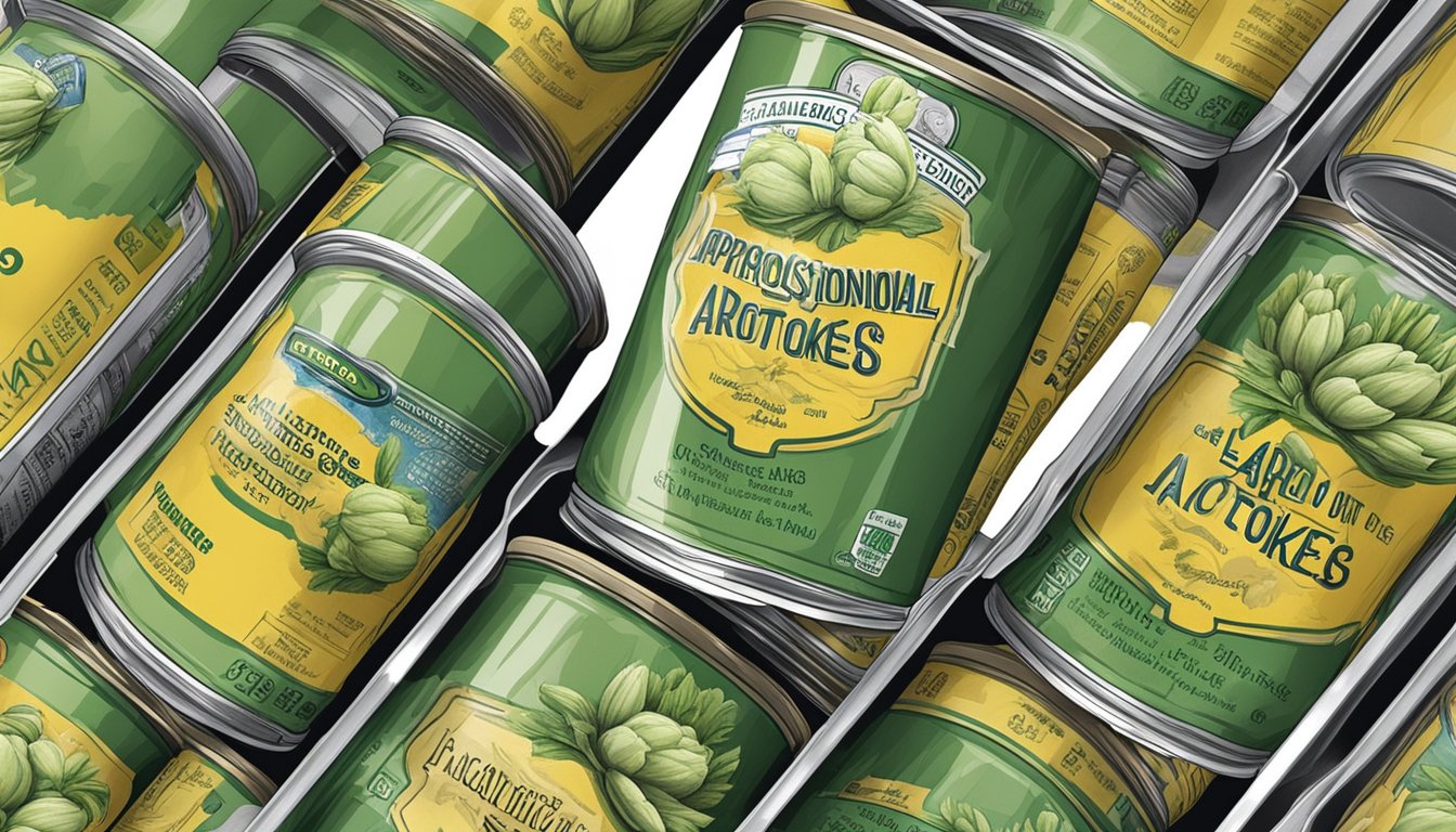 A can of artichokes sits on a kitchen shelf, surrounded by other canned goods. The expiration date is clearly visible on the label