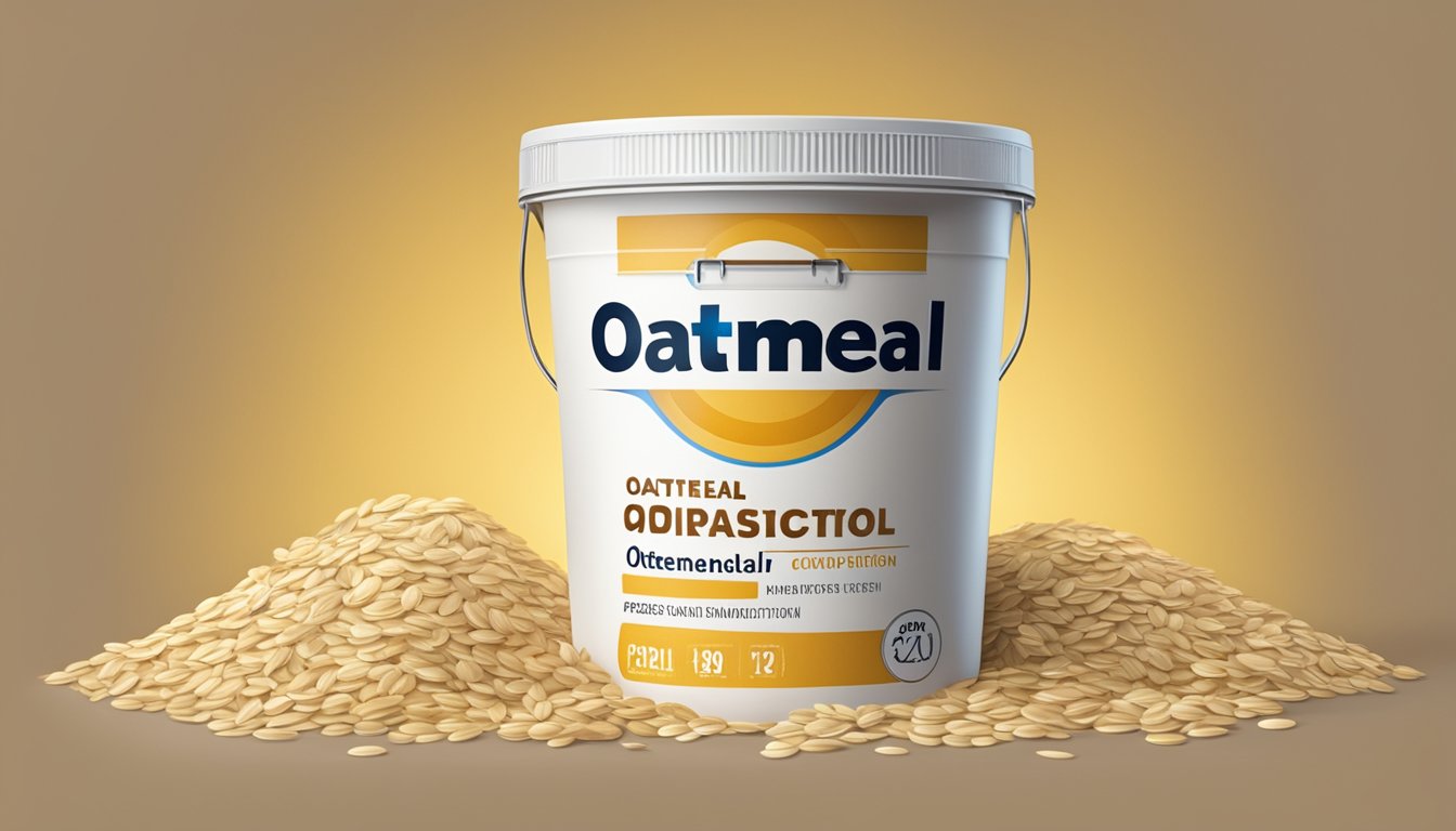 A sealed container of oatmeal surrounded by a barrier of pest control products and a sign indicating the expiration date