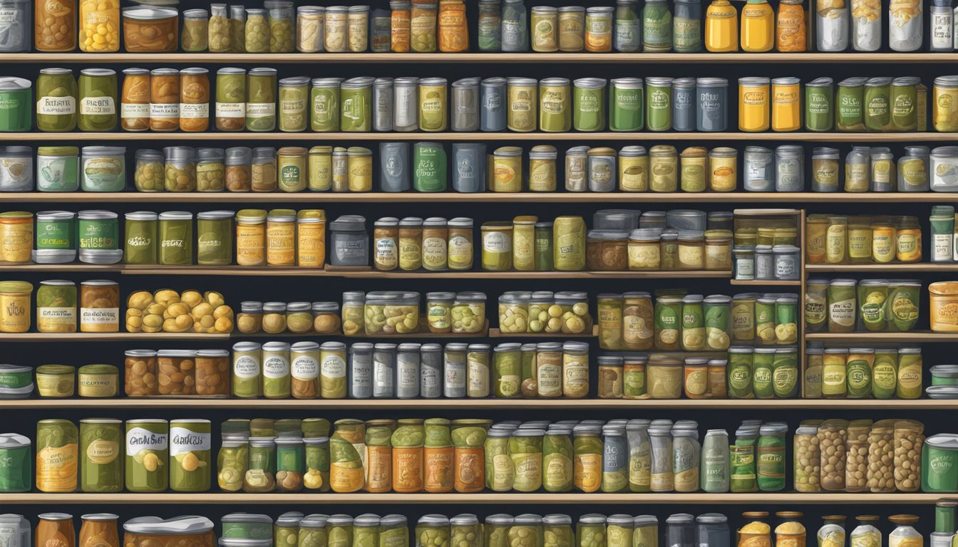 A pantry shelf with rows of canned olives, some with expiration dates visible