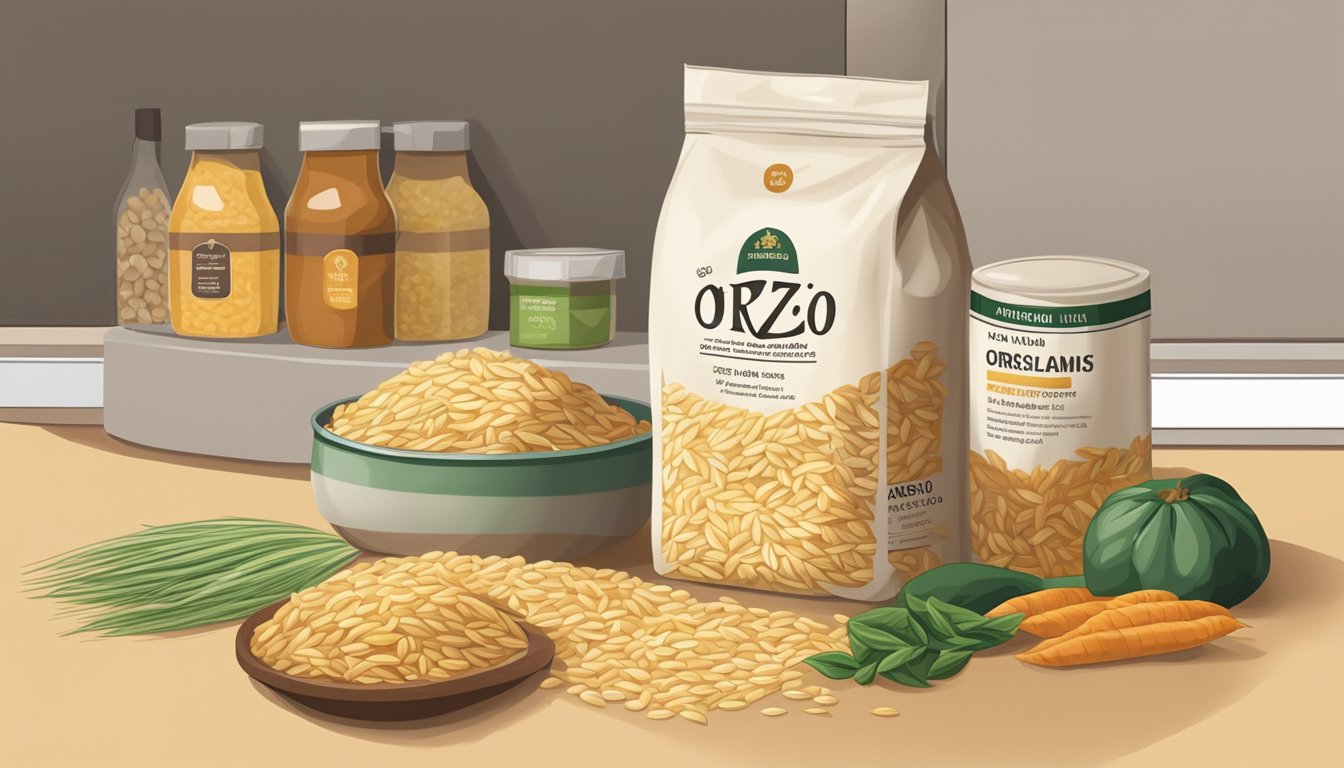 A bag of orzo sits on a kitchen shelf, surrounded by other dry goods. The expiration date on the packaging is visible