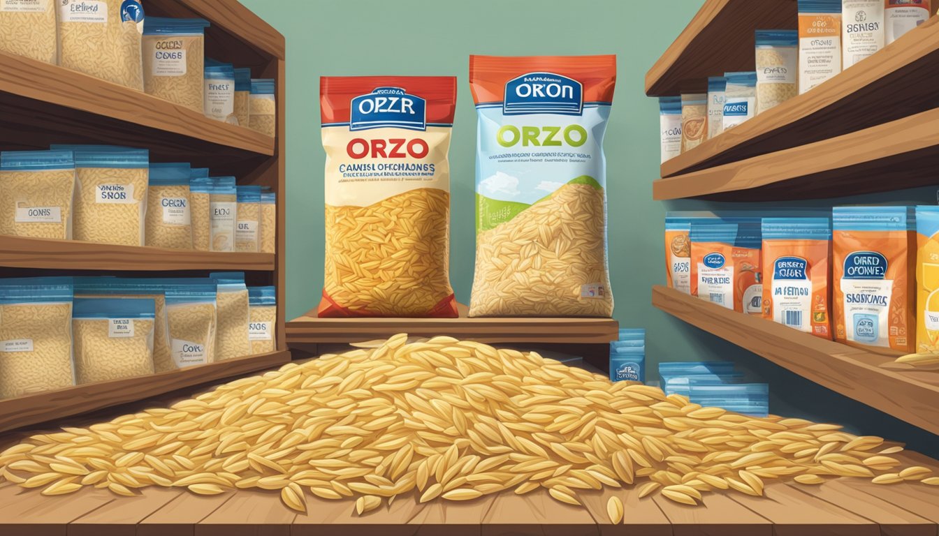 A bag of orzo sits on a pantry shelf, surrounded by other dry goods. The packaging is intact, and the orzo appears to be in good condition