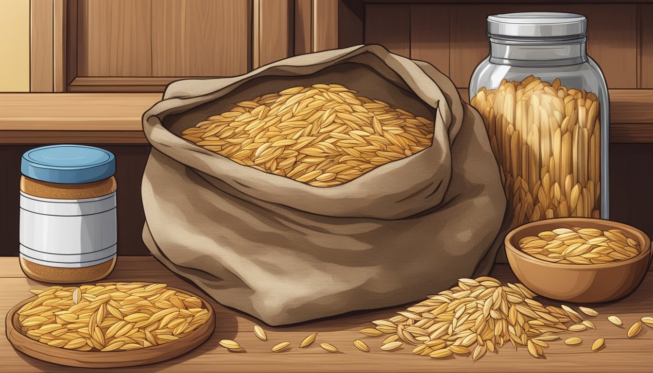 A bag of orzo on a kitchen shelf, surrounded by other dry goods