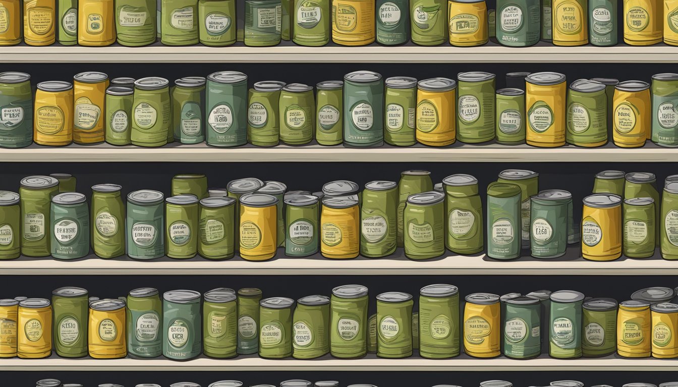 Canned olives arranged on shelves with expiration dates visible