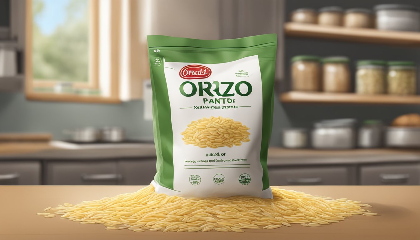 A bag of orzo sits in a pantry, untouched for months. Mold begins to form on the pasta, indicating spoilage