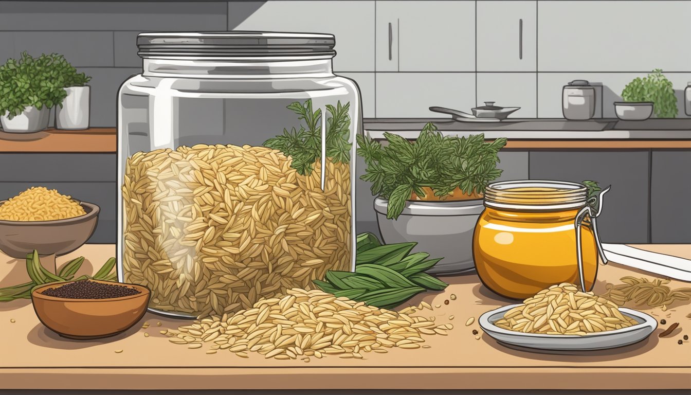 A jar of orzo sits on a kitchen counter, surrounded by various herbs and spices. The lid is off, and a handful of orzo is spilling out onto the counter