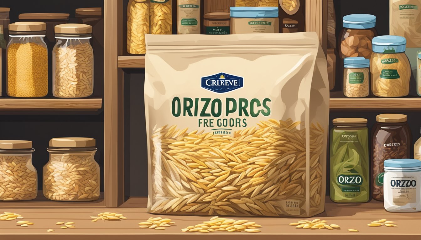 A bag of orzo sits on a pantry shelf, surrounded by other dry goods. The packaging is intact and the orzo appears dry and free of mold