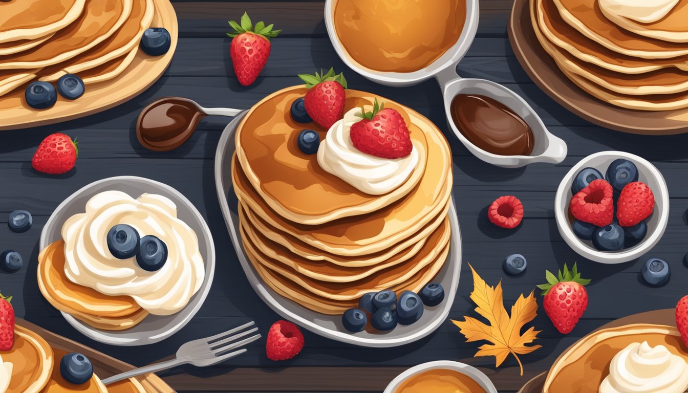 A stack of fluffy pancakes drizzled with rich, amber maple syrup sits on a rustic wooden table, surrounded by fresh berries and a dollop of whipped cream