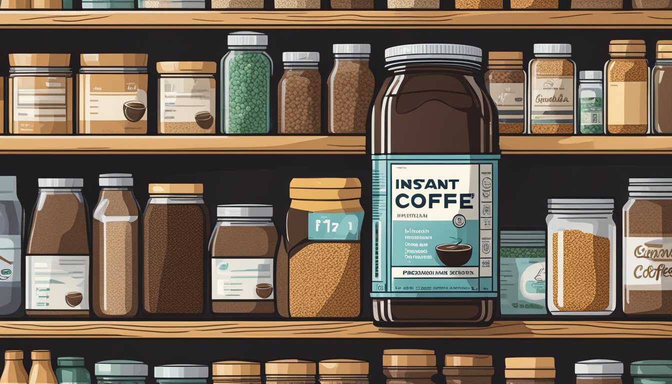 A jar of instant coffee sits on a shelf, surrounded by other pantry items. The label on the jar indicates the expiration date, while the coffee inside remains dry and granular