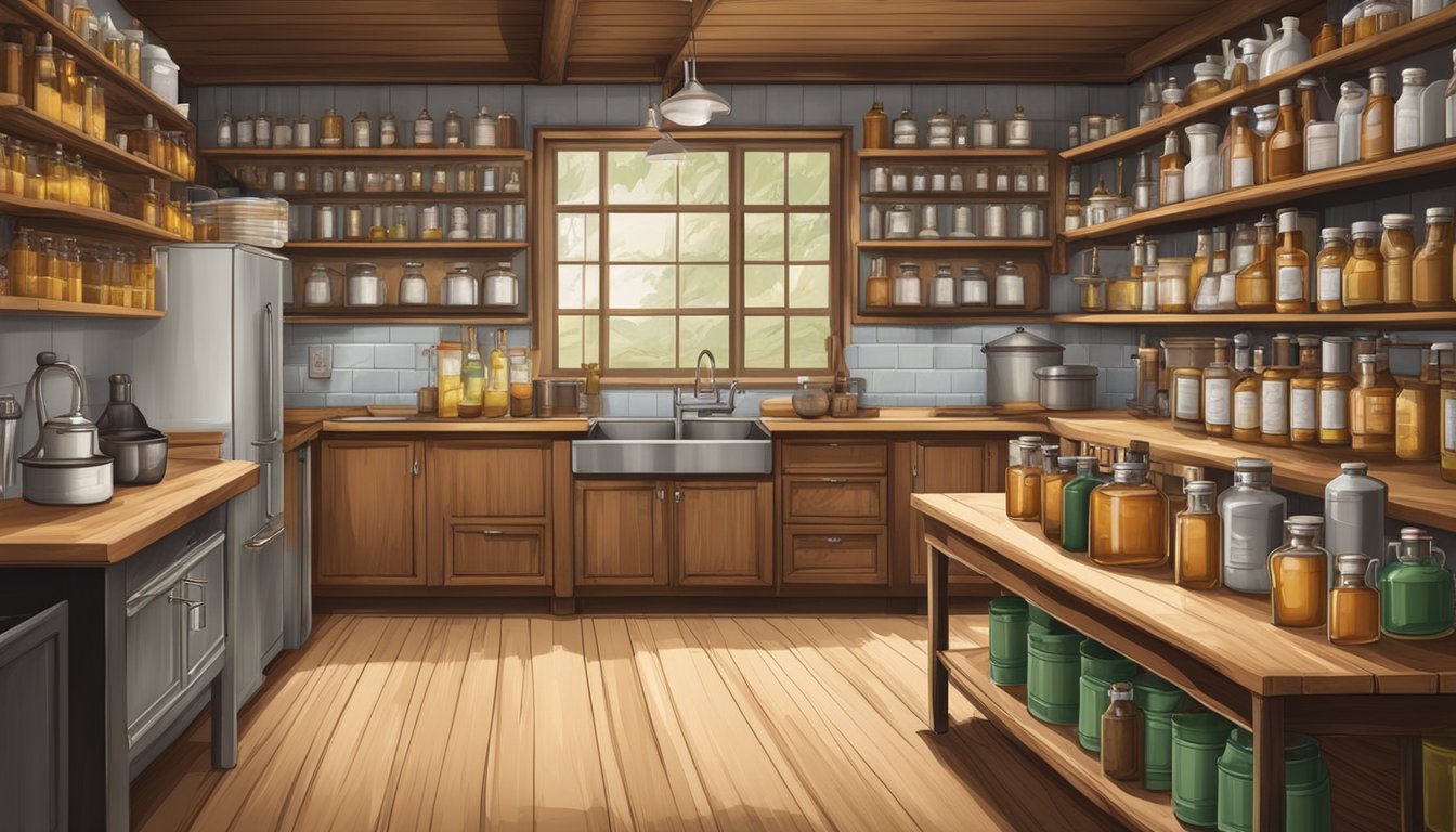 A rustic kitchen with shelves of maple syrup bottles, a calendar displaying industry standards, and a poster of regulations for syrup production