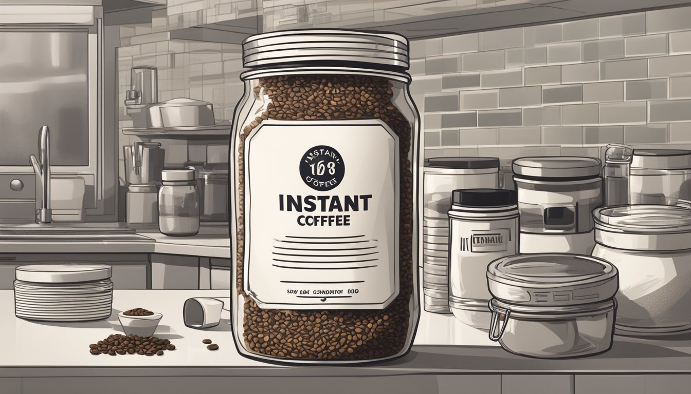 A jar of instant coffee sits on a kitchen counter, surrounded by various expiration date labels and a concerned expression on its face