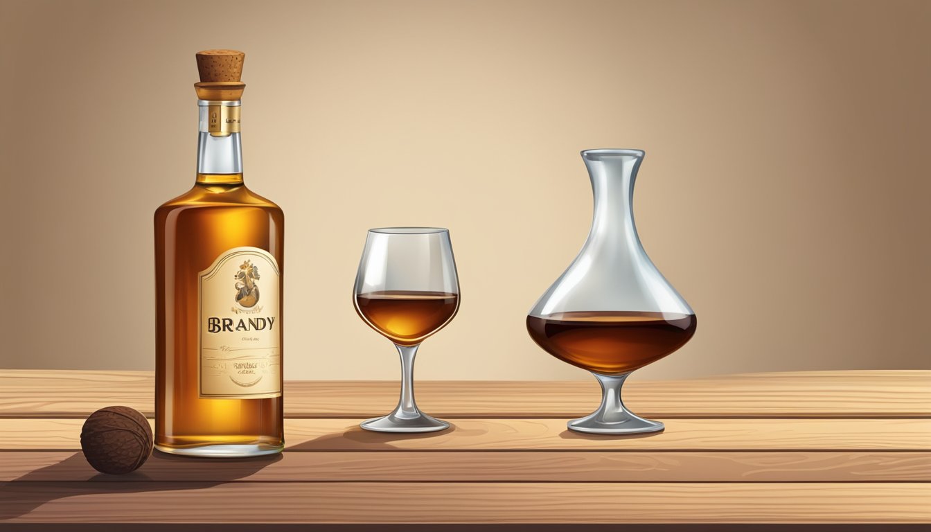 A bottle of brandy with a cork stopper sits on a wooden table. A small glass filled with brandy is placed next to the bottle