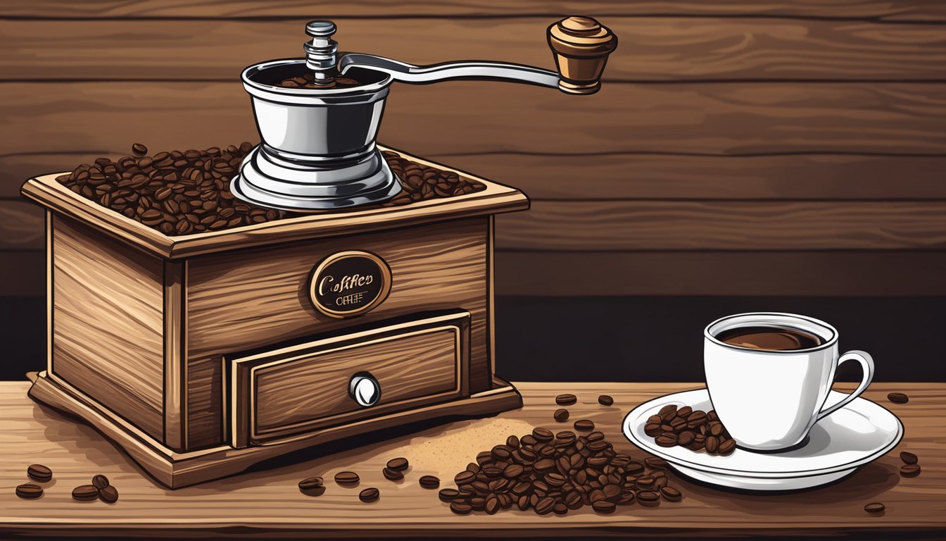 A steaming cup of instant coffee sits on a rustic wooden table surrounded by coffee beans and a vintage coffee grinder