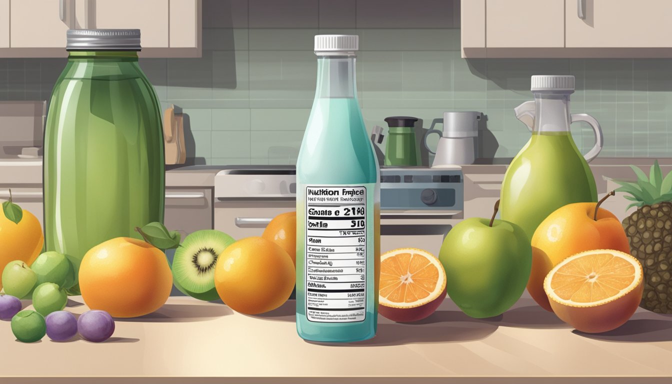 A glass bottle of fructose sits on a kitchen counter, surrounded by various fruits and a nutrition label. The bottle appears unopened, with no visible signs of spoilage