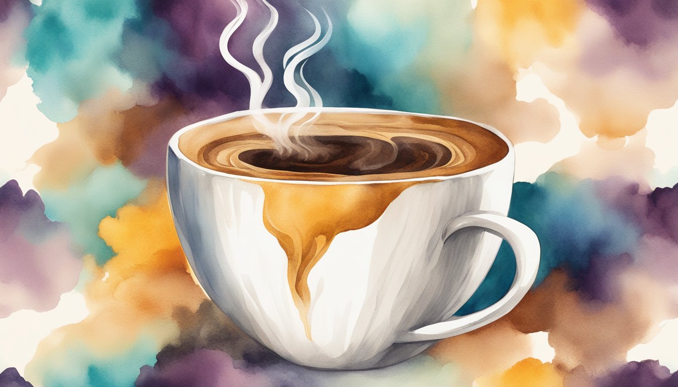 A steaming cup of instant coffee transforms into a vibrant watercolor painting, with swirling patterns and rich earthy tones emanating from the mug