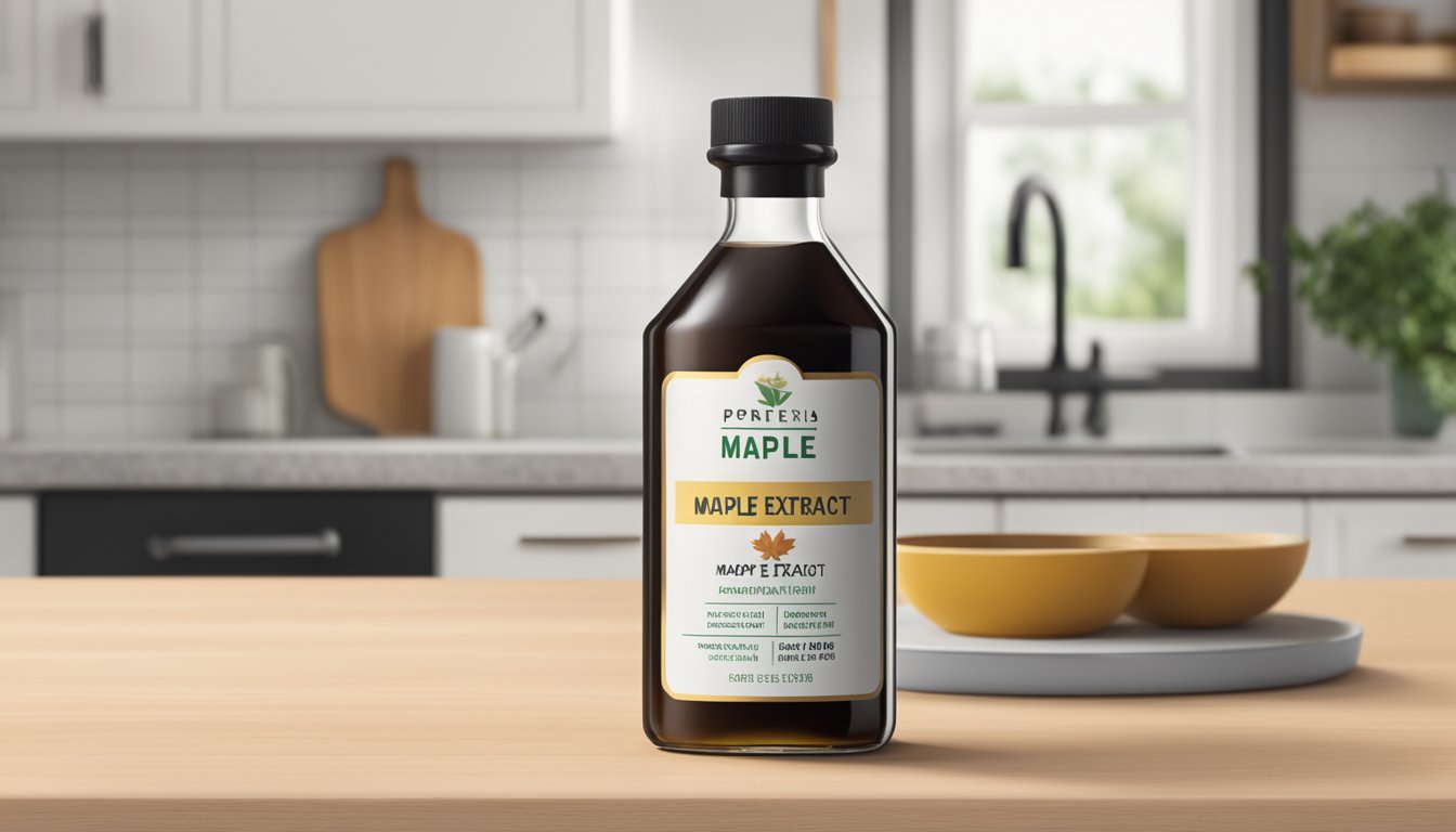 A bottle of maple extract sitting on a kitchen counter, with a label indicating the expiration date