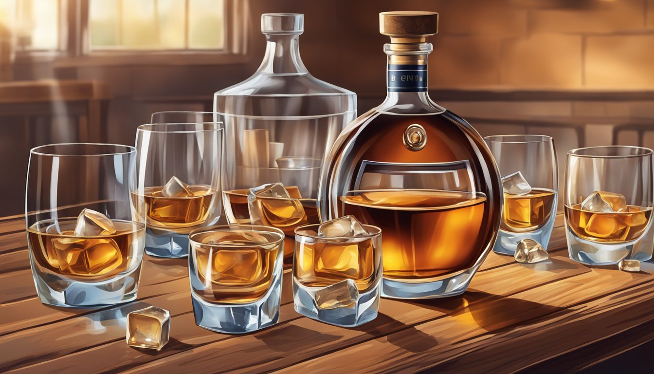 An open bottle of brandy sits on a wooden table, surrounded by empty glasses and a few ice cubes melting in the warm room