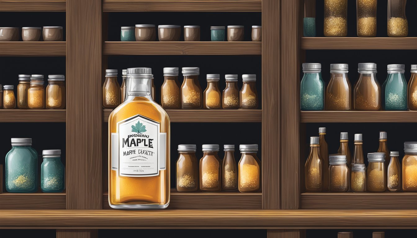 A glass bottle of maple extract sealed tightly in a cool, dark pantry